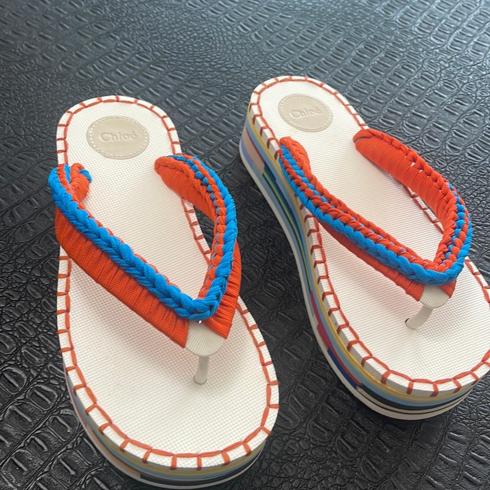Chloe Sandals White & Orange Ocean Sole Edition Lou Flip Flops Size 39